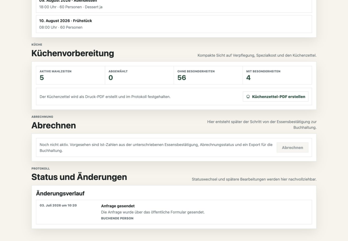 Küchenvorbereitung mit Anzahl der Mahlzeiten, normalen Essensgruppen und besonderen Anforderungen.